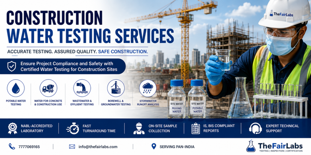 Construction water testing services in India by TheFairLabs – NABL accredited lab offering potable water testing, water for concrete use, wastewater effluent testing, borewell and stormwater analysis with on-site sample collection across India