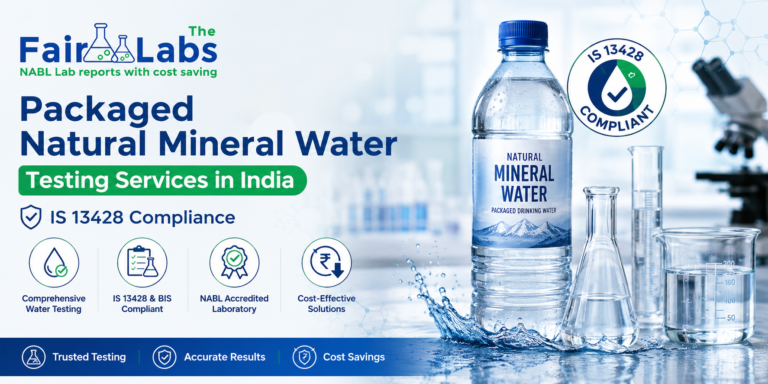 TheFairLabs Packaged Natural Mineral Water Testing Services in India banner featuring NABL accredited laboratory testing, IS 13428 compliance certification, natural mineral water bottle analysis, BIS water quality testing, packaged drinking water testing, microbiological testing, chemical analysis, mineral content verification, water safety compliance, FSSAI testing support, and certified water testing laboratory services across India.