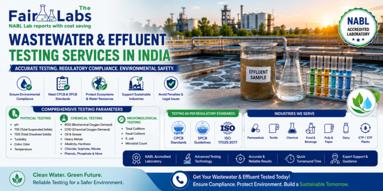 TheFairLabs Wastewater and Effluent Testing Services in India banner featuring NABL accredited laboratory testing, industrial wastewater analysis, effluent water testing, CPCB and SPCB compliance testing, environmental monitoring, ETP and STP water analysis, and certified laboratory reports for industries across India.