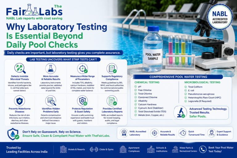 TheFairLabs infographic explaining why laboratory testing is essential beyond daily pool checks, featuring NABL accredited swimming pool water testing, microbiological analysis, chemical testing, E. coli detection, chlorine testing, pH analysis, pool water safety monitoring, and certified laboratory reports for hotels, resorts, clubs, schools, and commercial swimming pools across India.